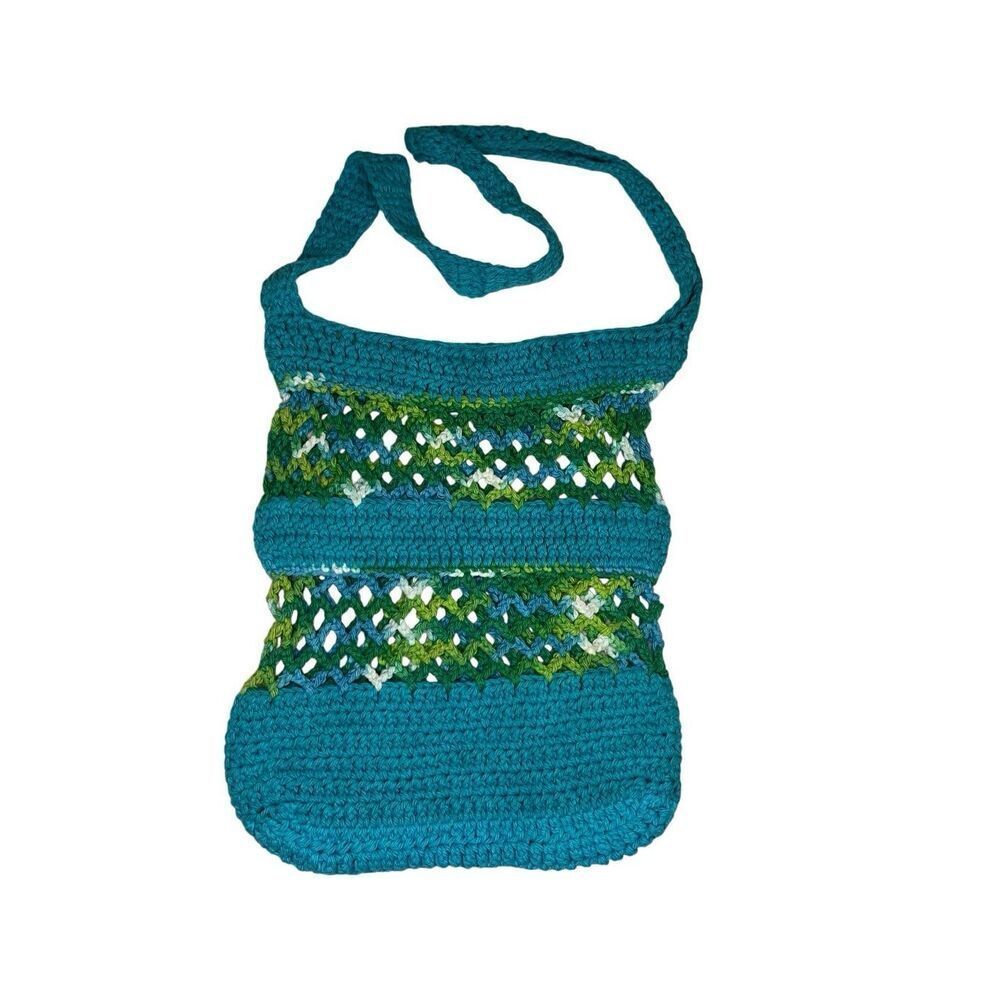 Hand crocheted aqua and green boho cross-body bag